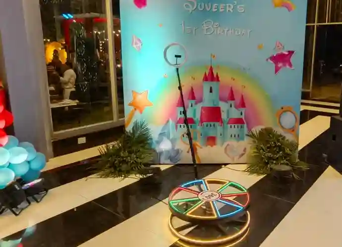 360 booth camera and event backdrop setup in Noida