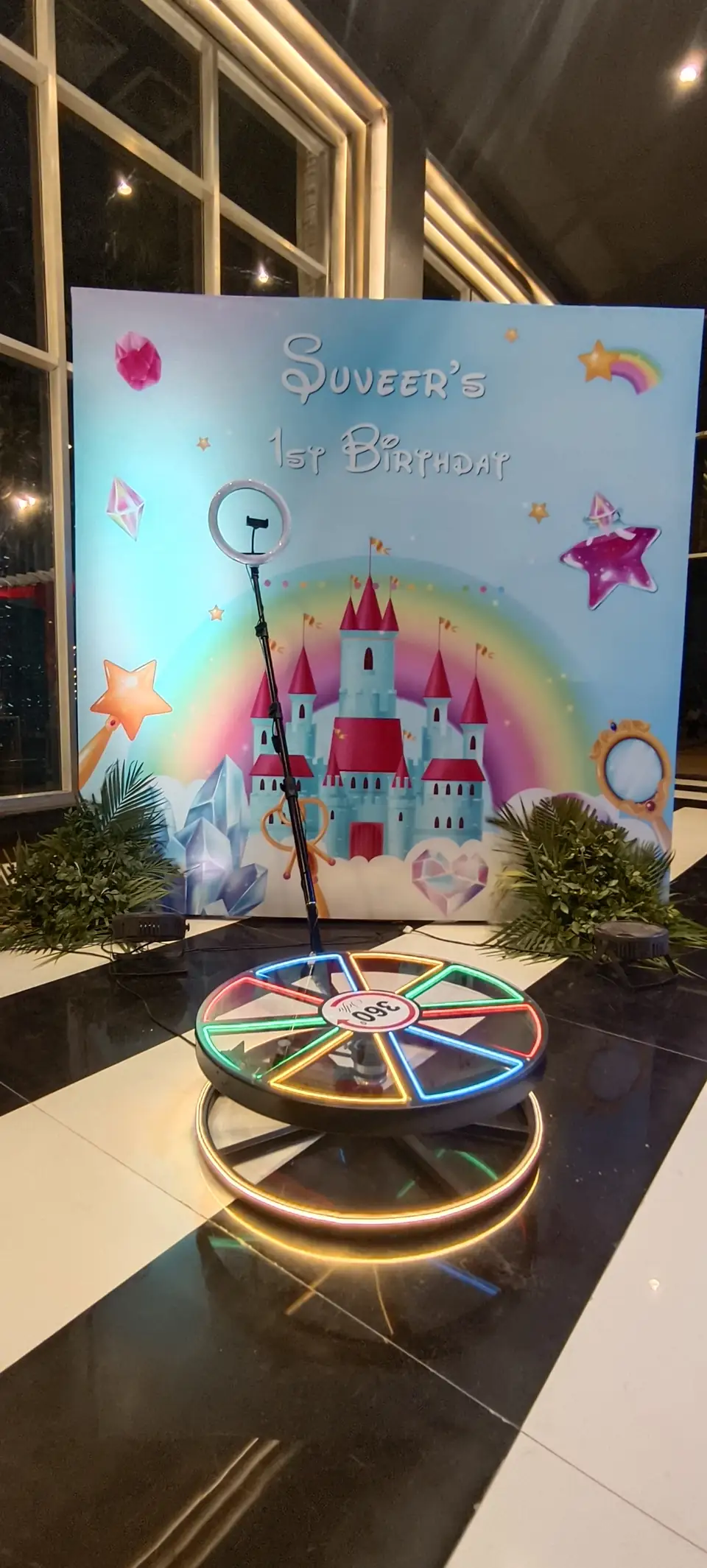 Close view of a 360 booth platform with themed event backdrop in Jaipur
