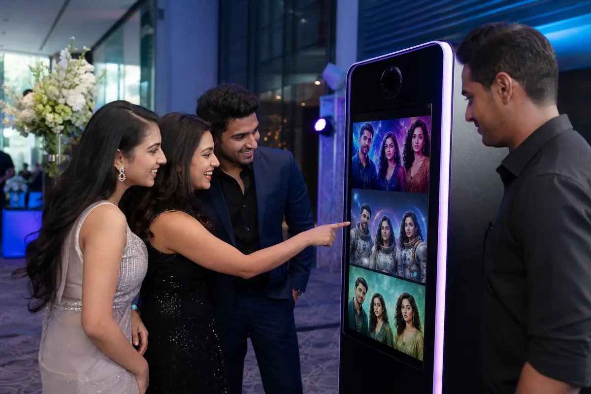 Guests previewing AI photo booth portraits at an event in Mumbai