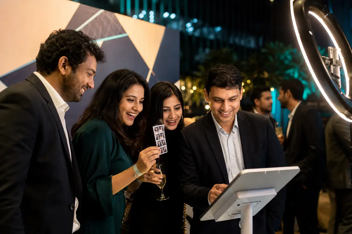 Corporate guests enjoying a digital photo booth at a Mumbai event