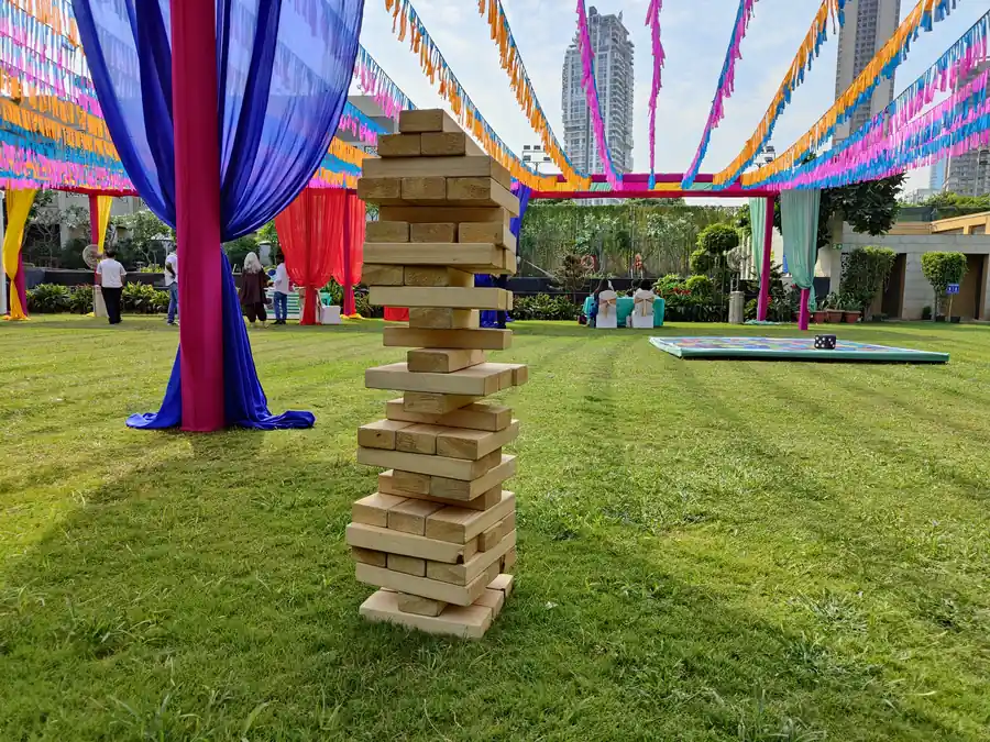 Guests enjoying giant jenga during a Chandigarh celebration