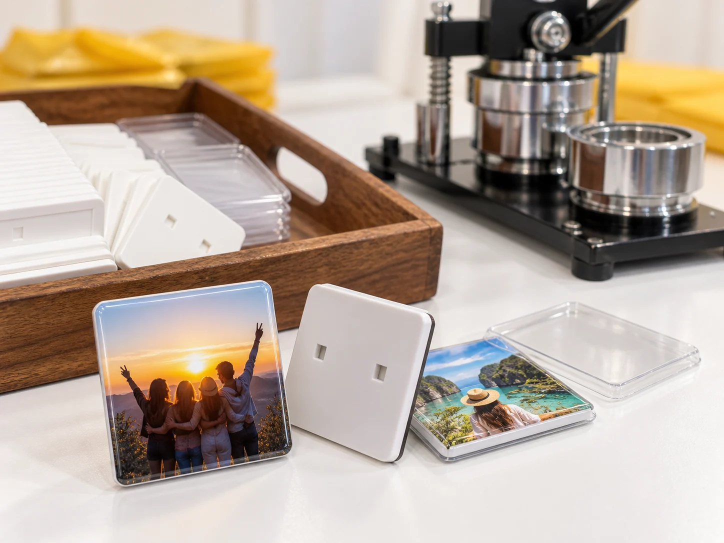 Finished square photo fridge magnets, white backs and manual press for an event in Agra